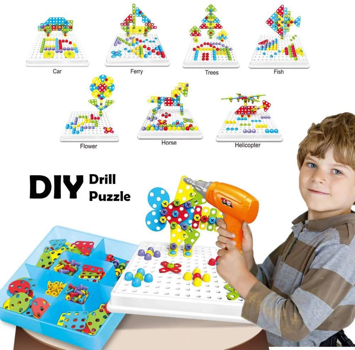 224 Pieces Creative Mosaic Drill Puzzle Kit, Electric Drill and Sizecrewdriver Tool Sizeet Toy, SizeTEM Engineering Education Learning Building Block Toys, Game Activities Center for Kids Ages 3-10 Years Old