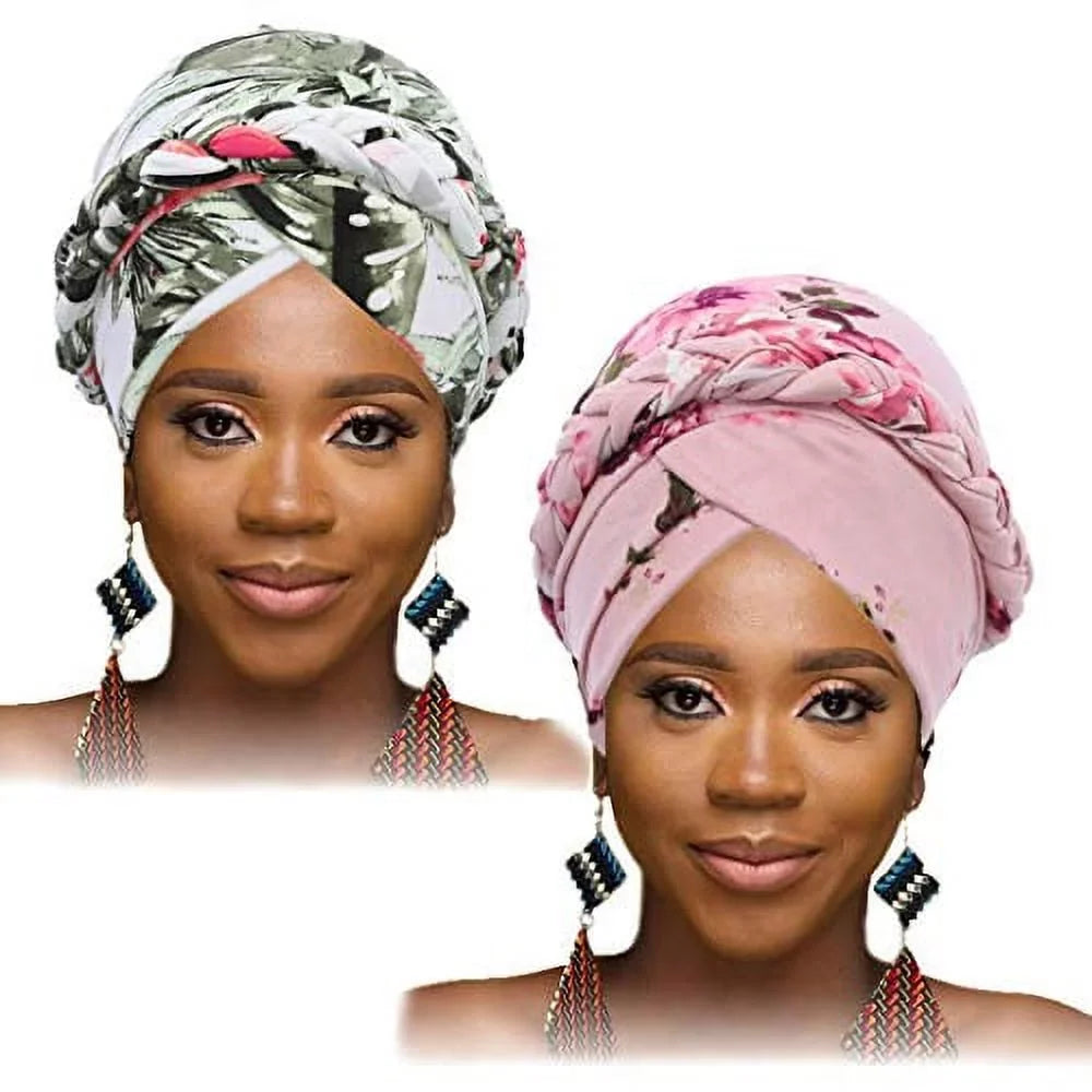 Woeoe African Turban Head Wrap Pink Pattern Head Sizecarf Sizeoft Flower Print Head Cover Cap Headwear for Women and Girls(Pack of 2)
