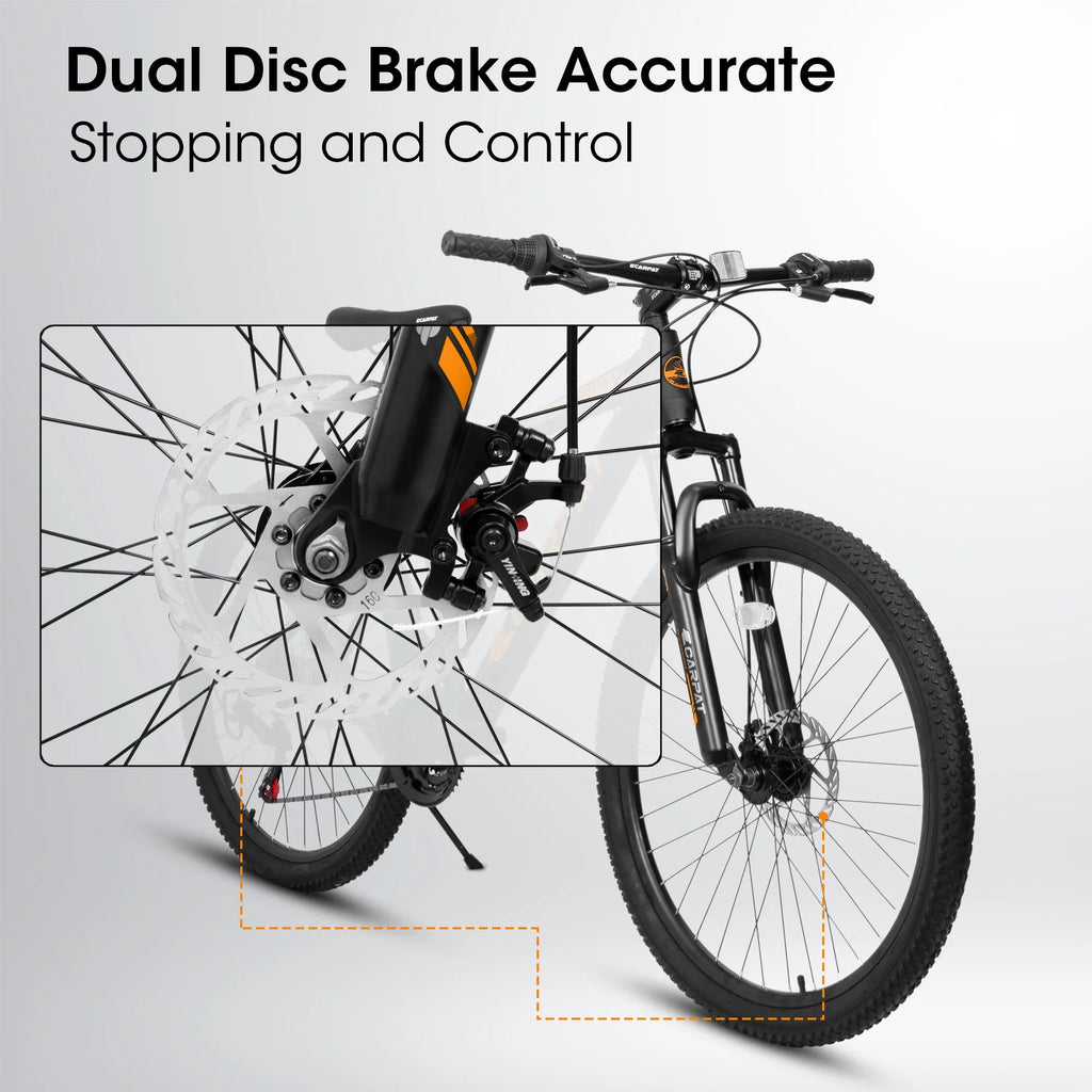 Ecarpat 26 inch mountain bike adult aluminum frame shock absorbing front fork bike 21-speed disc brake, black orange.