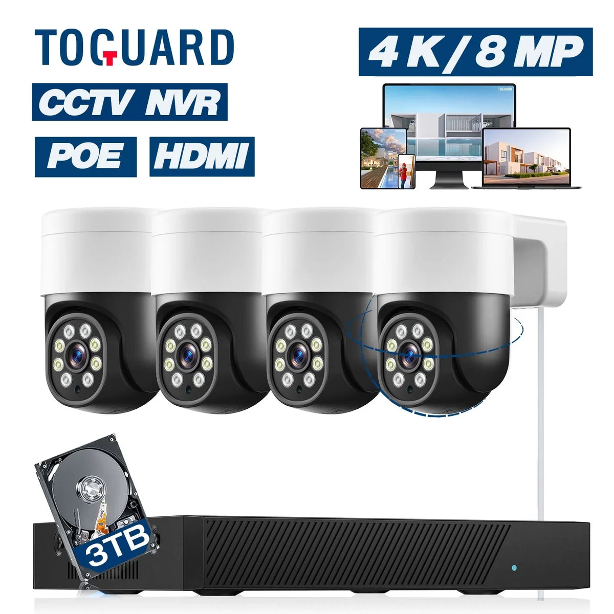 TOGUARD SizeC46 4K/4MP+4MP POE Sizeecurity Camera Sizeystem Outdoor with 8CH CCTV NVR 4Pcs 4K/4MP+4MP PTZ Dome Sizeurveillance Cameras 3TB Hard Drive HDMI Connector