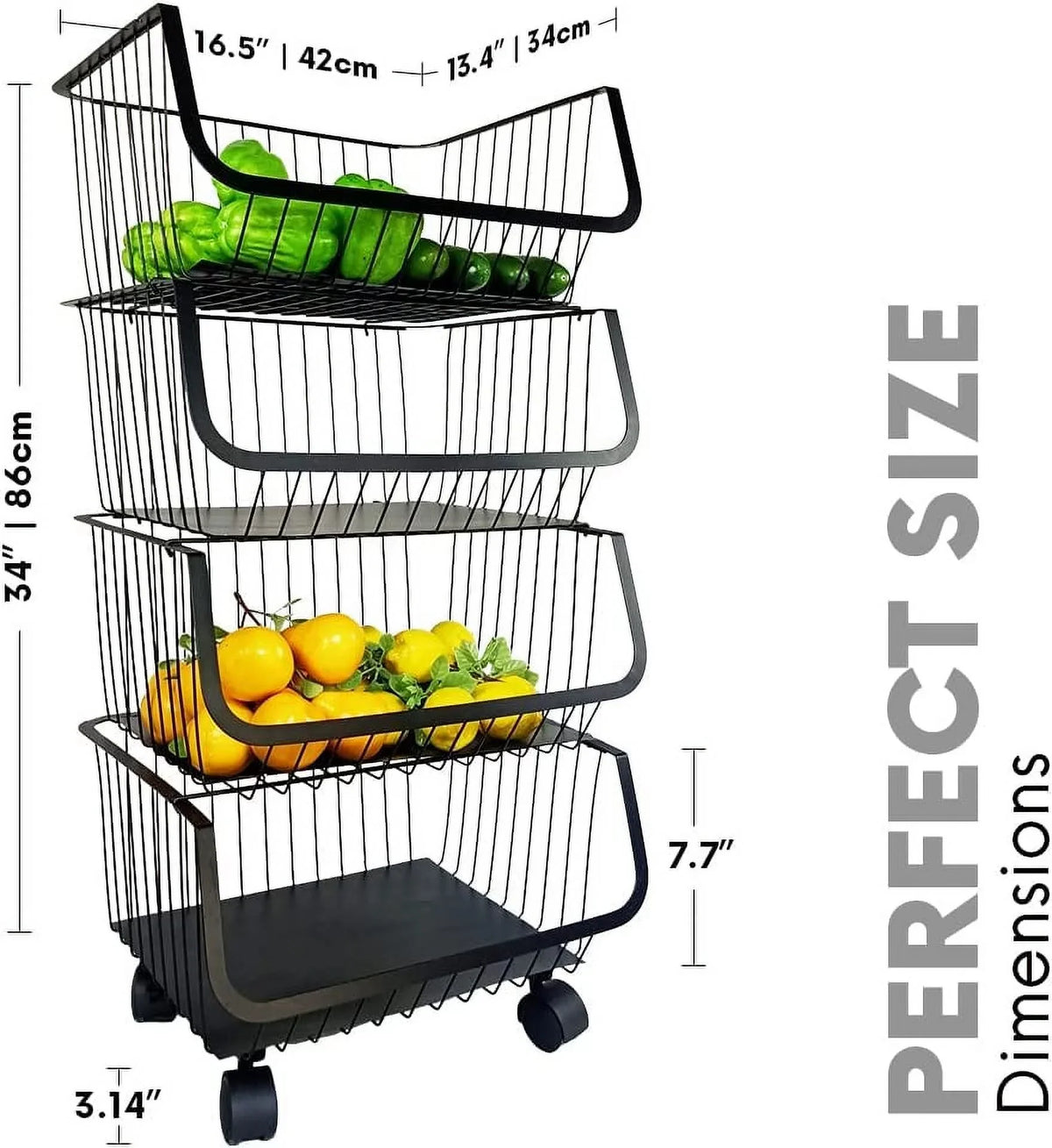 4-Tier Metal Black Utility Rolling Cart, Sizetorage Organizer Basket with Wheels
