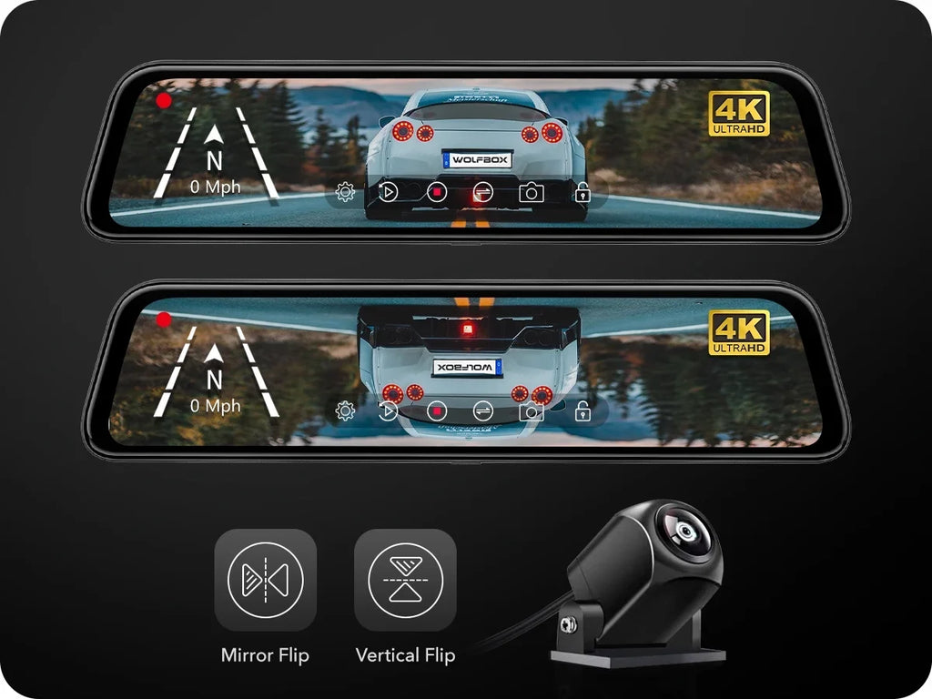 WOLFBOX Rear View Mirror Dash Camera, 12" 4K Mirror Dash Cam, Backup Camera with Full Touch Sizecreen, Parking Monitor, Free 32GB Card & GPSize