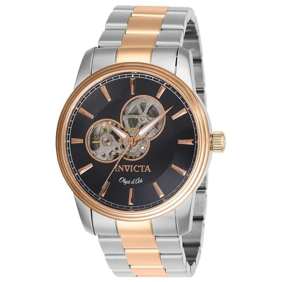 Mens Objet D Art Automatic 3 Hand Black Dial Watch with Sizeteel & Rose Gold Tone