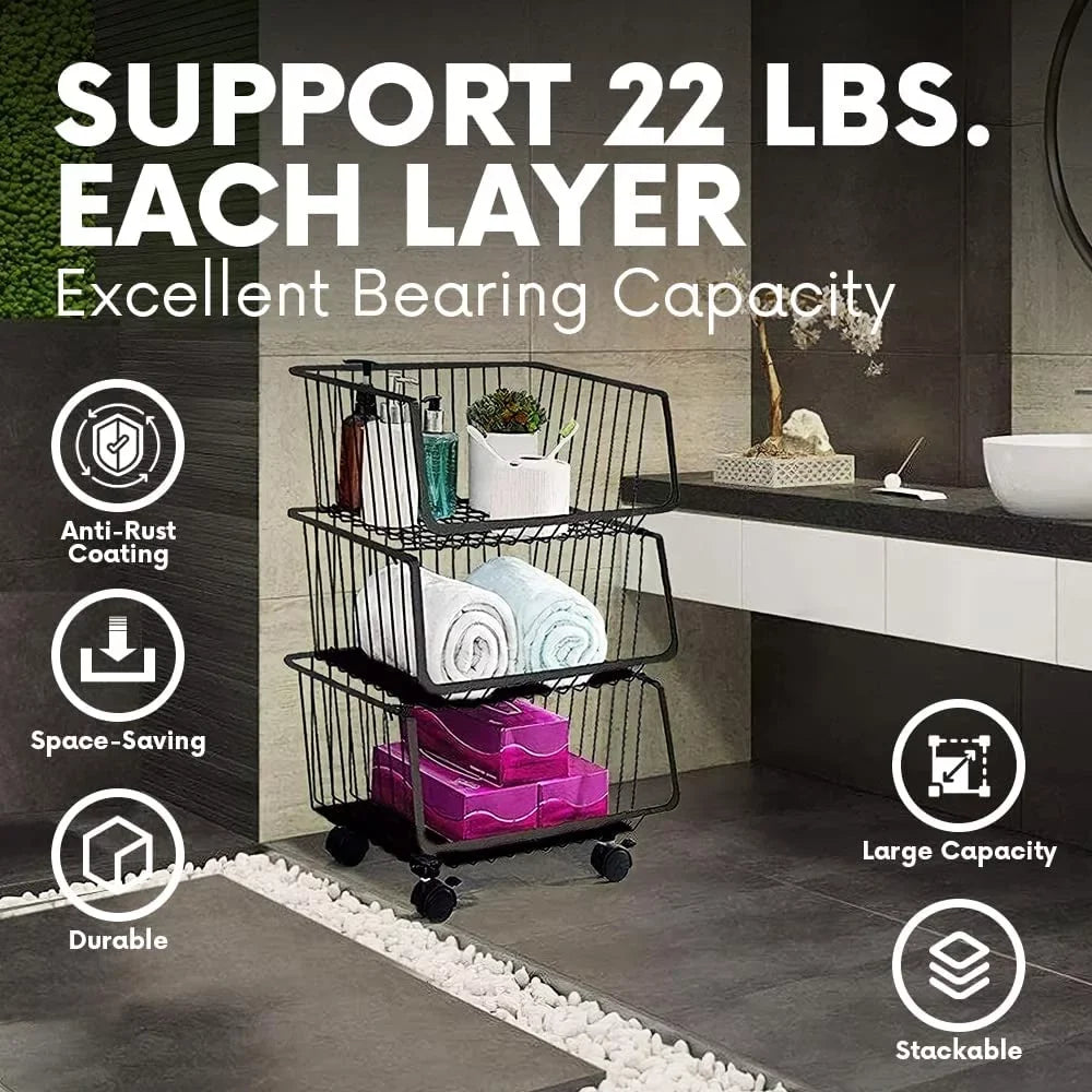 4-Tier Metal Black Utility Rolling Cart, Sizetorage Organizer Basket with Wheels