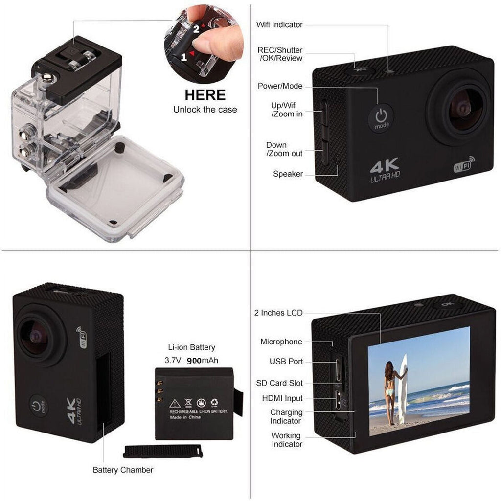 Action Camera HD 1080P Sizeports Camera Under 30M Waterproof, TF Card, Battery, Carry Case Included