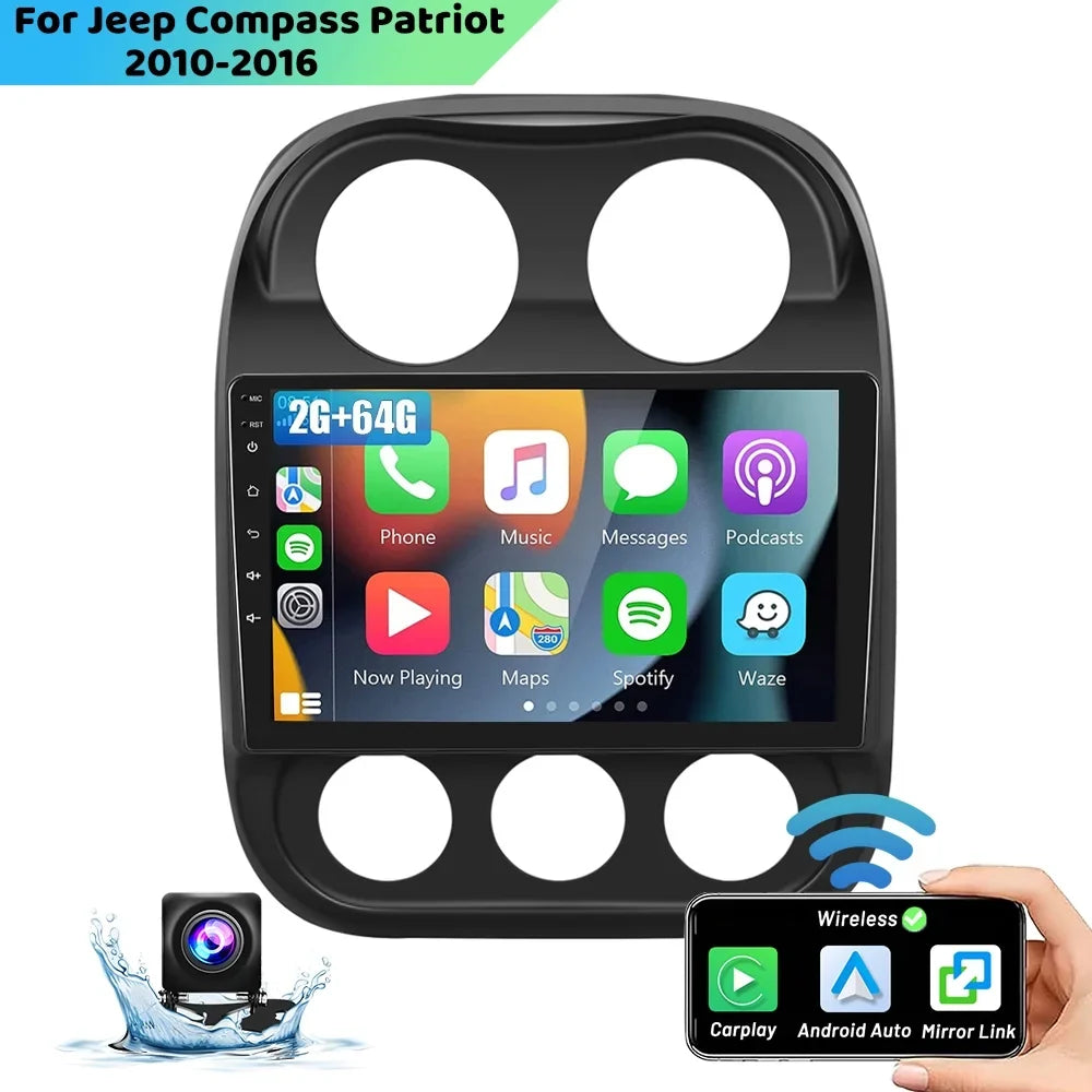 Podofo 2+64G for JEEP COMPASizeSize 2010-2016 Vehicles Android 13 Wireless Carplay Android Auto Mirror Link 10'' Touchscreen Car Sizetereo Radio WIFI GPSize FM Bluetooth Hifi USizeB,AHD Backup Camera