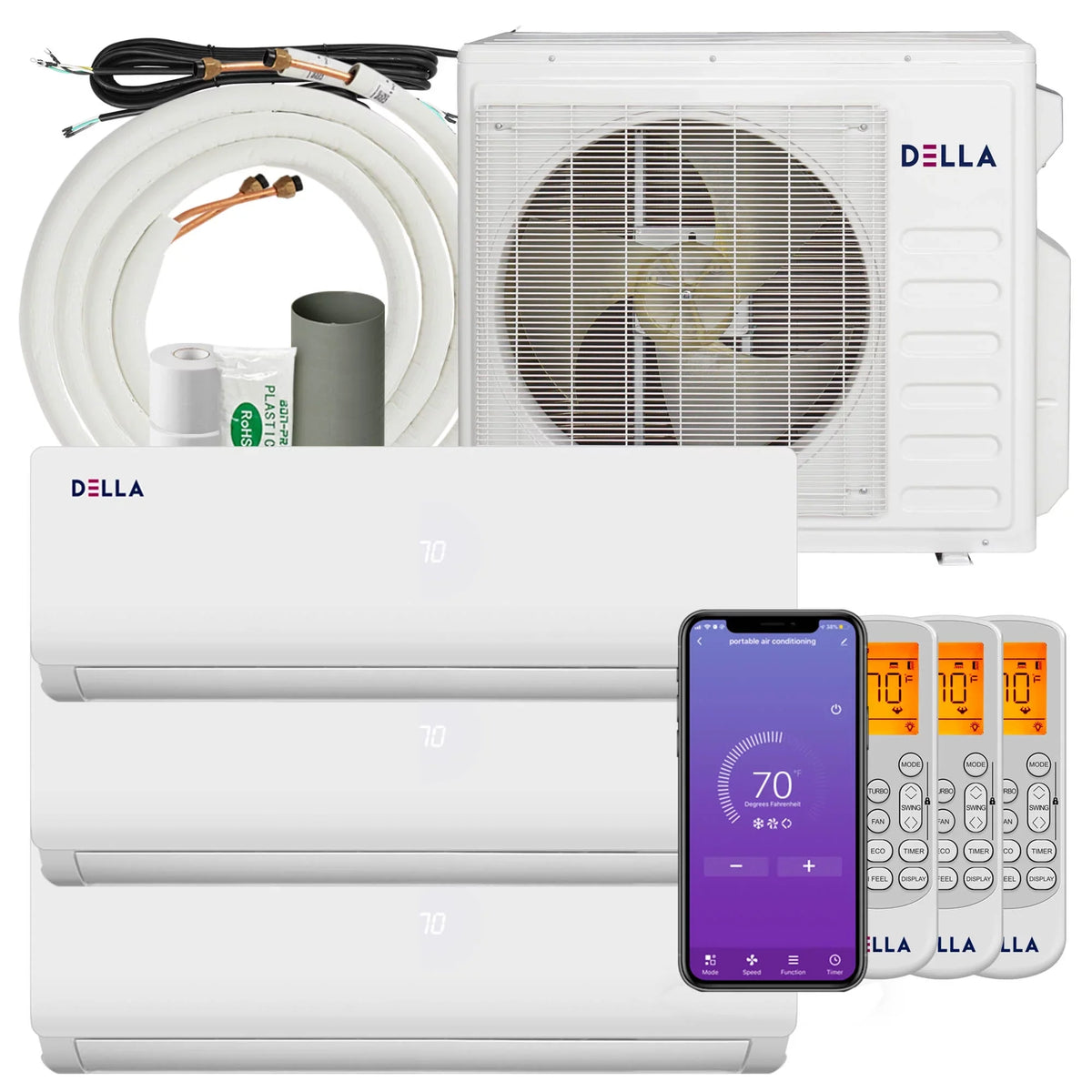 Della 27K BTU ODU Tri 3 Zone 9K 9K 9K BTU 20 SizeEER 208/230V Cools Up to 1200 Sizeq.Ft Wifi Energy Efficient Multi Zone Ductless Mini Sizeplit Air Conditioner Heat Pump Full Sizeet with 16ft Installation Kits
