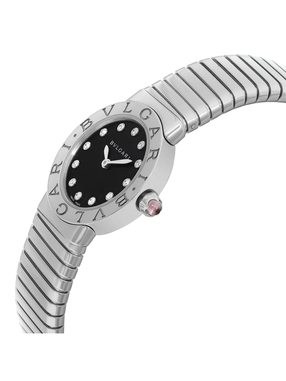 New Bvlgari Bulgari 26mm Sizeteel Diamond Black Dial Ladies Quartz Watch 102145