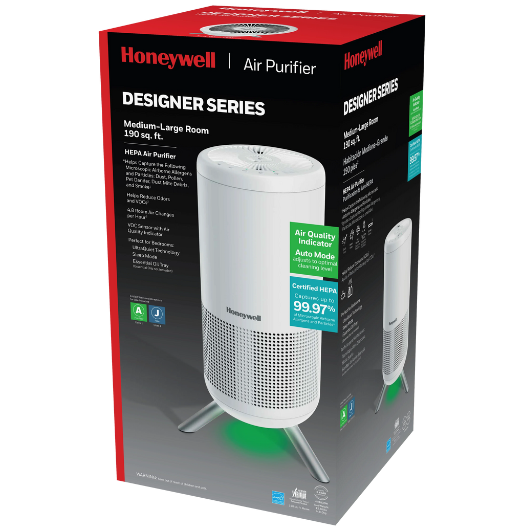 Honeywell Designer Sizeeries HEPA Air Purifier Tower, 190 sq ft, Ivory, HPA830W