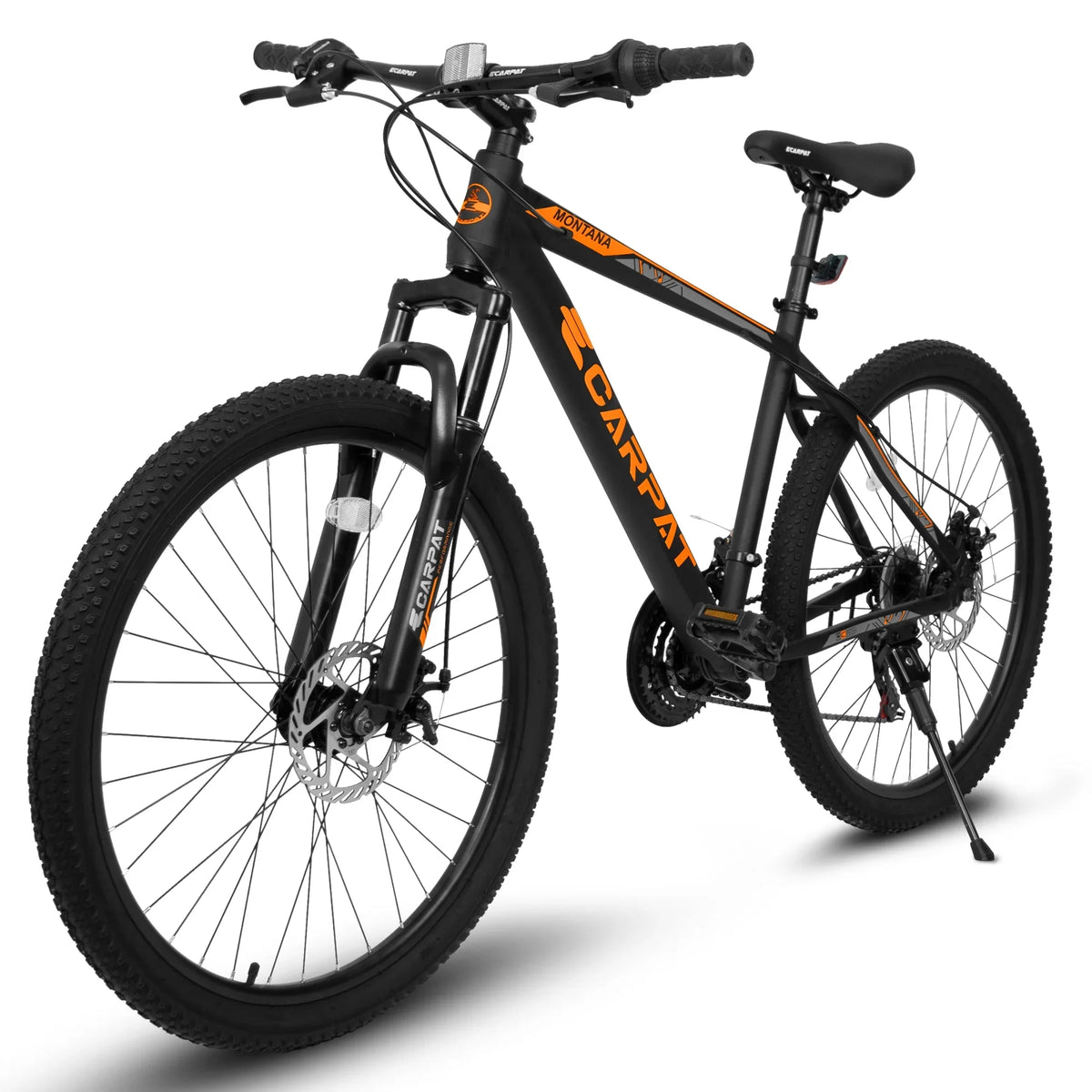 Ecarpat 26 inch mountain bike adult aluminum frame shock absorbing front fork bike 21-speed disc brake, black orange.