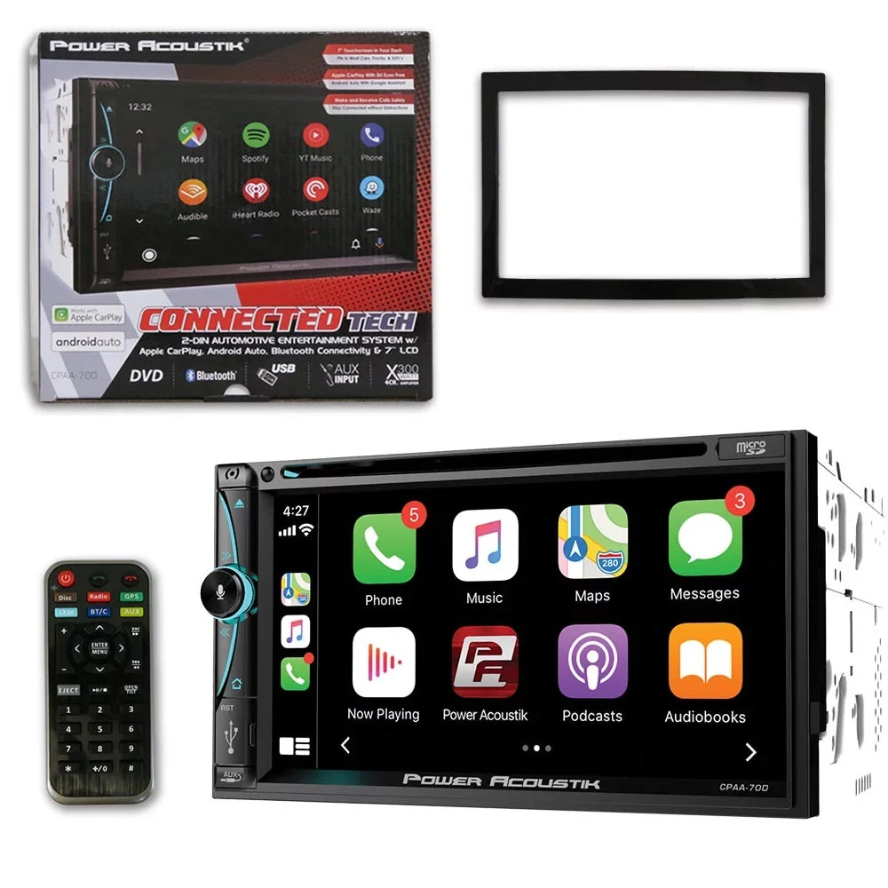 Power Acoustik CPAA-70D 2 Din 7" DVD CD Sizetereo Bluetooth W/ Apple Carplay & Android Auto with DCO Full License Plate Night Vision Waterproof Back-up Camera
