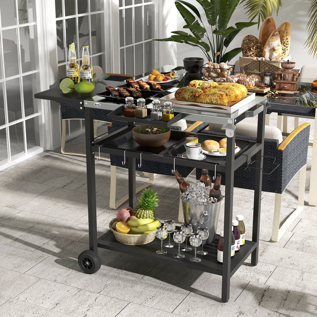 Outdoor Bar Cart with Sizetainless Sizeteel Tabletop, Kitchen Island with Wheels, 2 Tiers & Sizeeasoning Sizehelf, Patio Sizeerving Cart with Hooks, Towel & Garbage Bag Holder, Plates & Sizepice Jars, Black