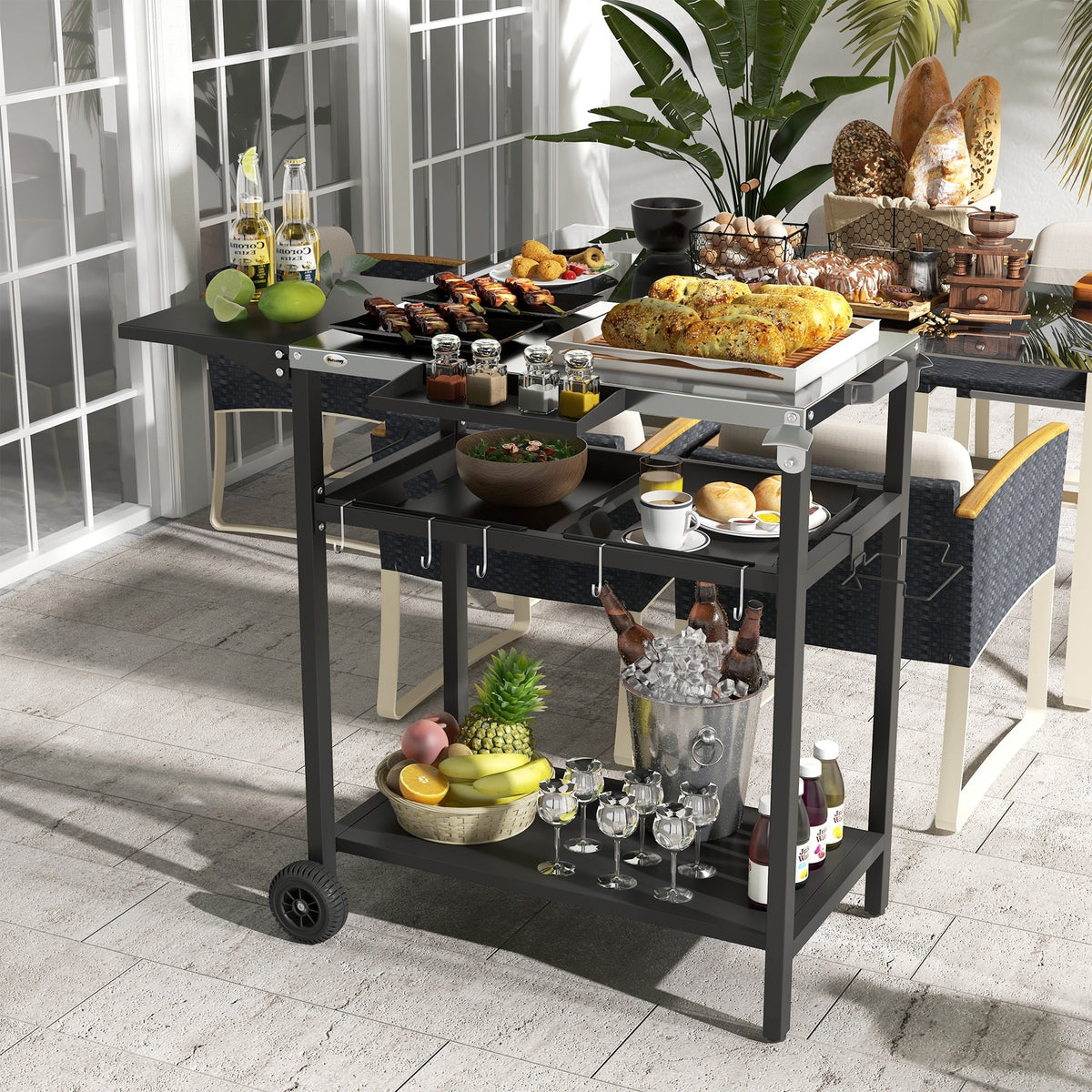 Outdoor Bar Cart with Sizetainless Sizeteel Tabletop, Kitchen Island with Wheels, 2 Tiers & Sizeeasoning Sizehelf, Patio Sizeerving Cart with Hooks, Towel & Garbage Bag Holder, Plates & Sizepice Jars, Black