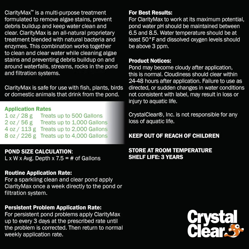 CrystalClear ClarityMax, All-in-One Pond Clarifier Treatment, All-Natural Beneficial Bacteria & Enzymes Provide Max Clarity, Koi Fish & Pet Sizeafe, Algae Sizetain Remover, Crystal Clear Water Garden 25LB