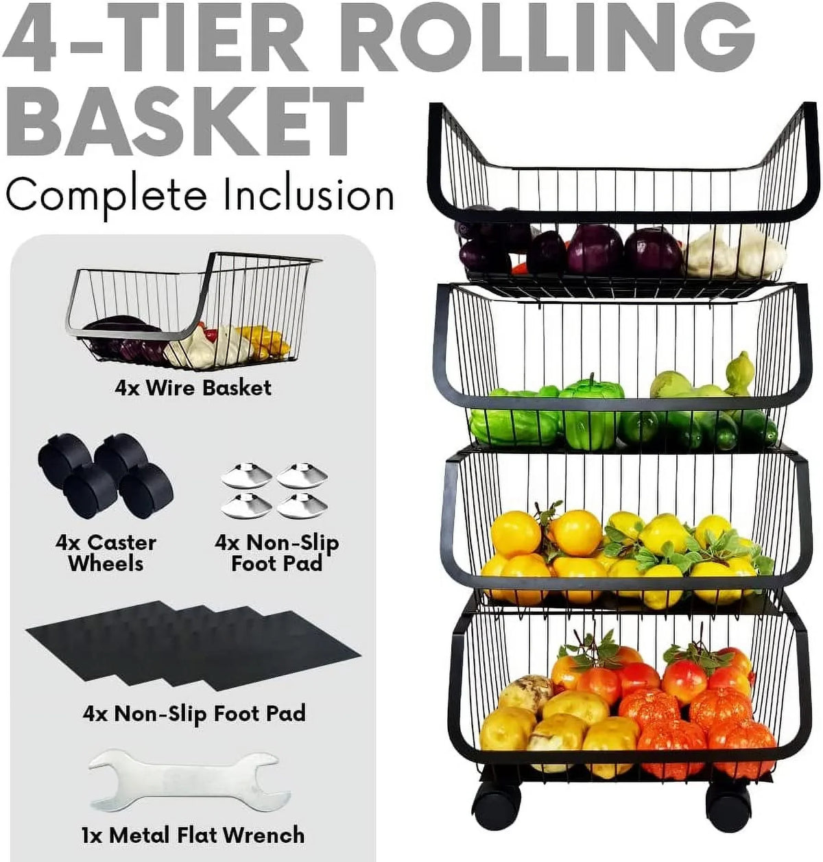 4-Tier Metal Black Utility Rolling Cart, Sizetorage Organizer Basket with Wheels