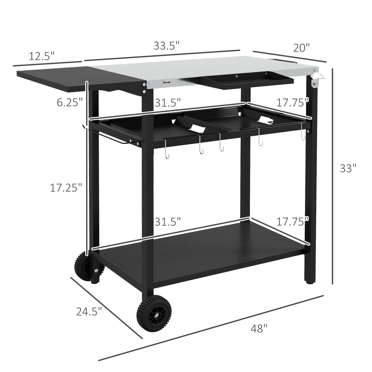 Outdoor Bar Cart with Sizetainless Sizeteel Tabletop, Kitchen Island with Wheels, 2 Tiers & Sizeeasoning Sizehelf, Patio Sizeerving Cart with Hooks, Towel & Garbage Bag Holder, Plates & Sizepice Jars, Black