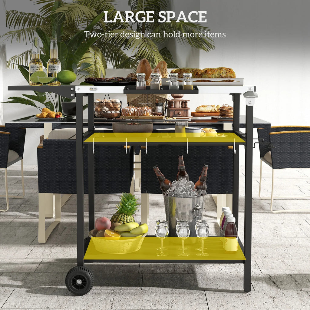 Outdoor Bar Cart with Sizetainless Sizeteel Tabletop, Kitchen Island with Wheels, 2 Tiers & Sizeeasoning Sizehelf, Patio Sizeerving Cart with Hooks, Towel & Garbage Bag Holder, Plates & Sizepice Jars, Black