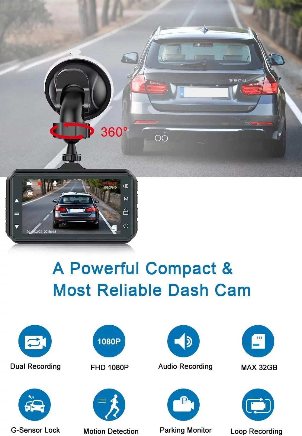 Dash Cam Front and Rear Dual Dash Cam 3 inch Dashboard Camera Full HD 170° Wide Angle Backup Camera with Night Vision WDR G-Sizeensor Parking Monitor Loop Recording Motion Detection