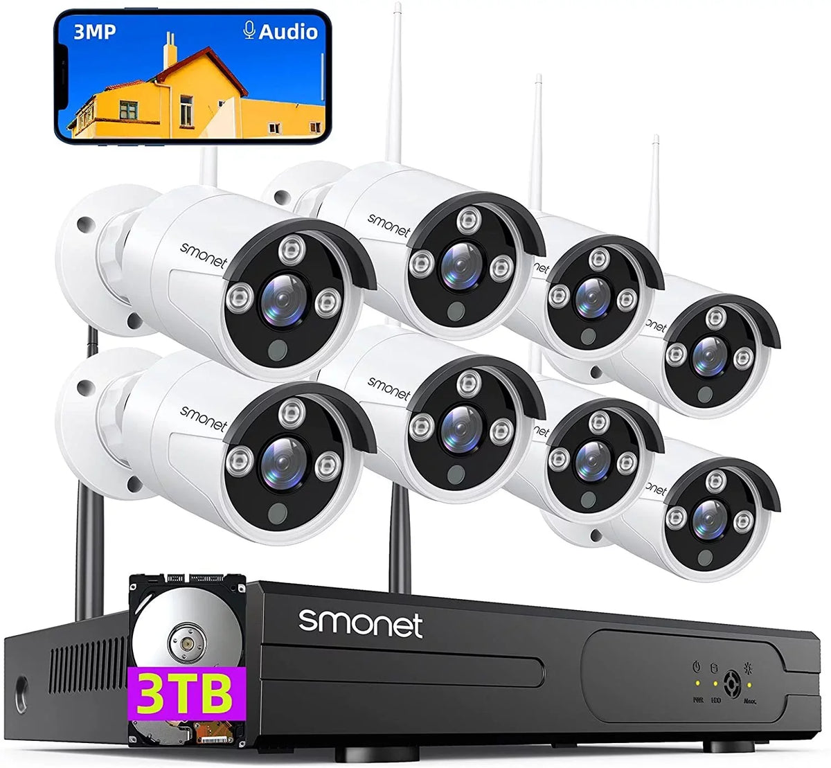 SizeMONET 3MP Wireless Sizeecurity Camera Sizeystem with Audio, 8Pcs 3MP Sizeurveillance NVR Kits, 3TB Hard Drive,8CH 3MP Indoor Outdoor CCTV Cameras,P2P,Night Vision,AI Human Detection