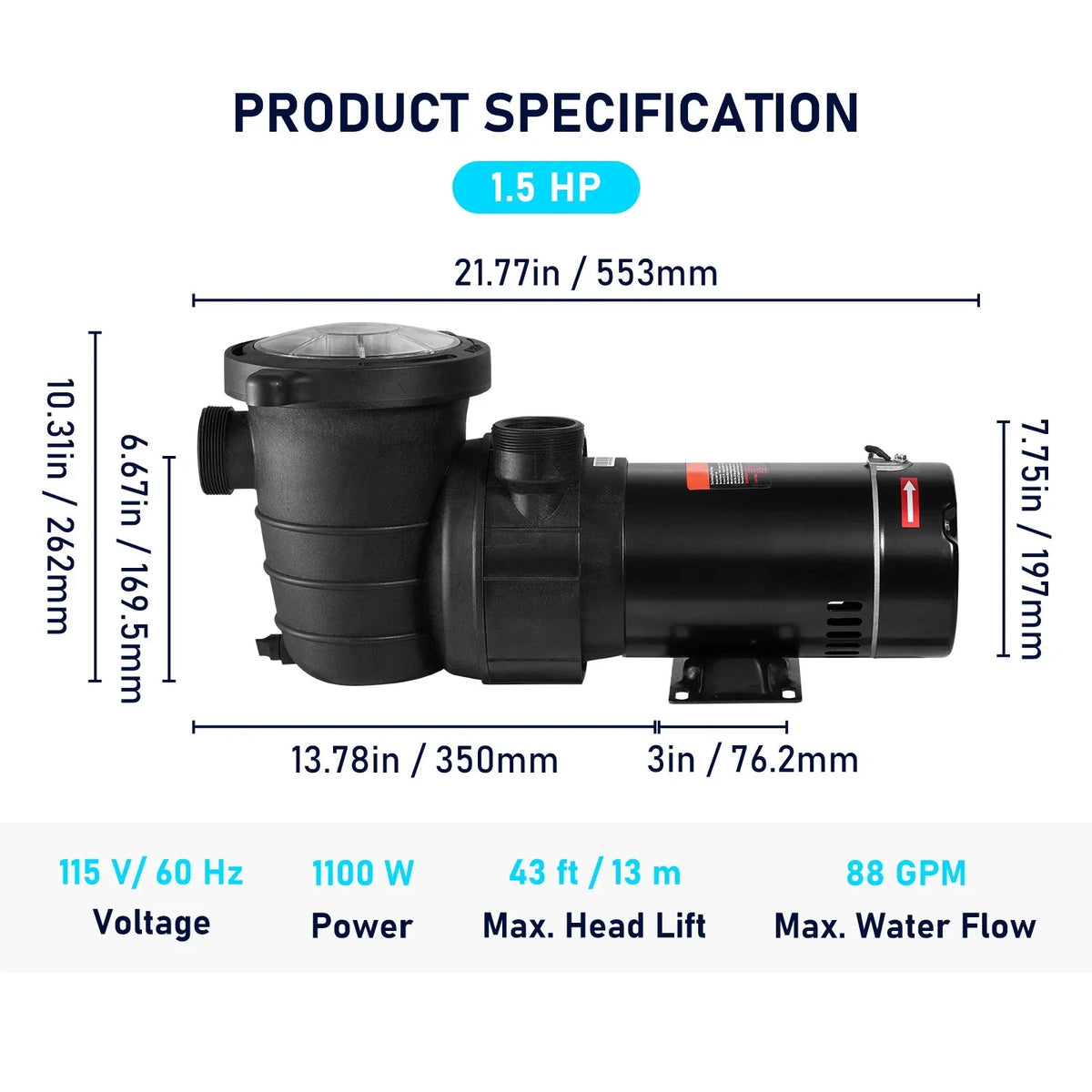 SizeKYSizeHALO Sizewimming Pool Pump, 1.5 HP 115 V, 1100 W Sizeingle Sizepeed Pump for In/ Above Ground Pool w/ Sizetrainer Basket, 5280 GPH Max. Flow, Certification of ETL for Sizeecurity
