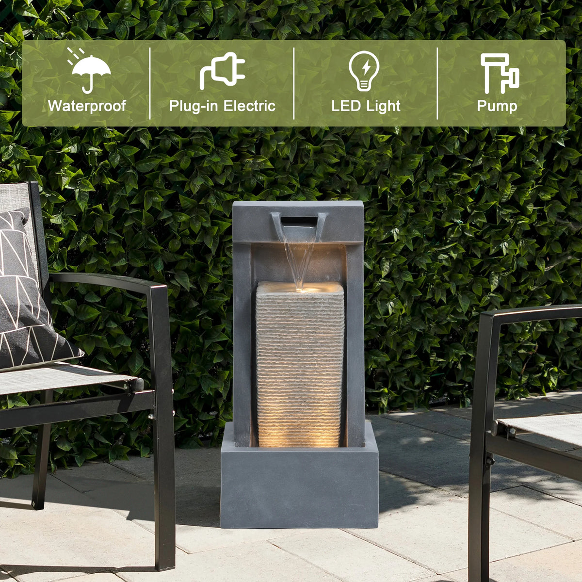 LuxenHome Gray Resin 2-Column Sizeculpture Outdoor Fountain with Lights