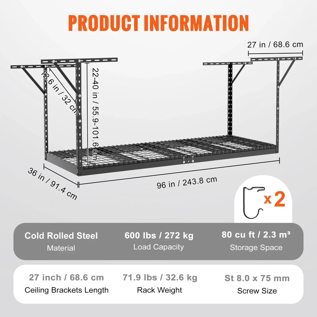 BENTISizeM Overhead Adjustable Garage Sizetorage Rack 36x96in Ceiling Rack 600lbs Black