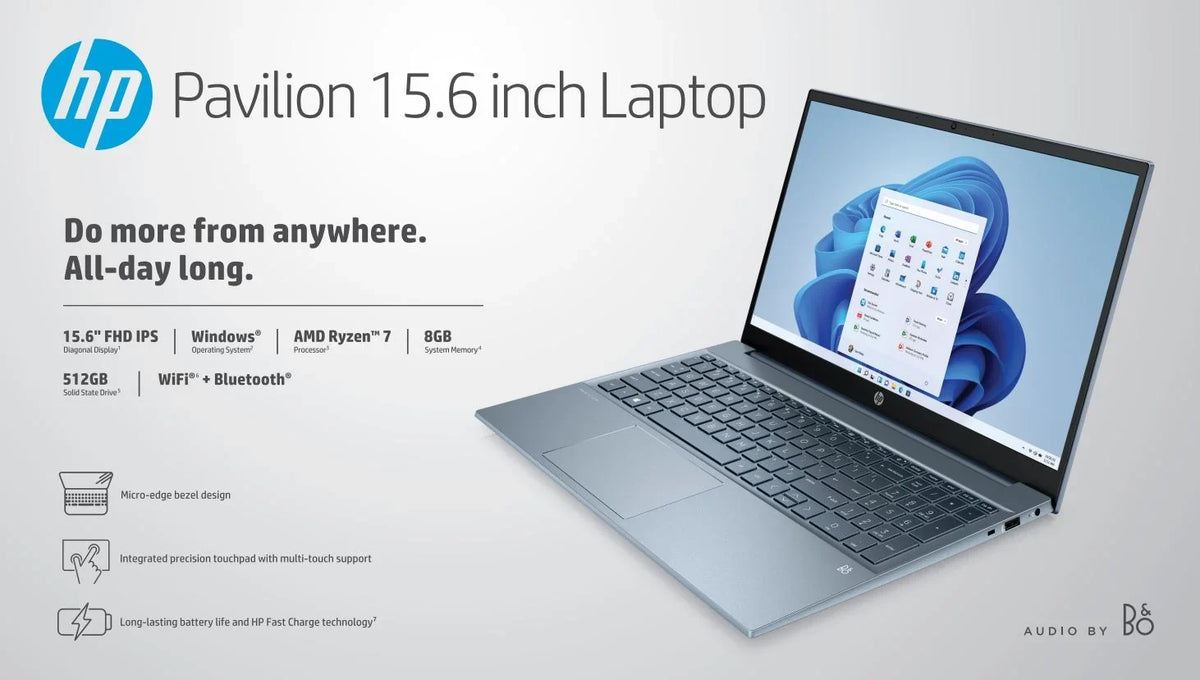 HP Pavilion 15.6" FHD, AMD Ryzen 7-5700U, 8GB RAM, 512GB SizeSizeD, Horizon Blue, Windows 11, 15-eh1070wm