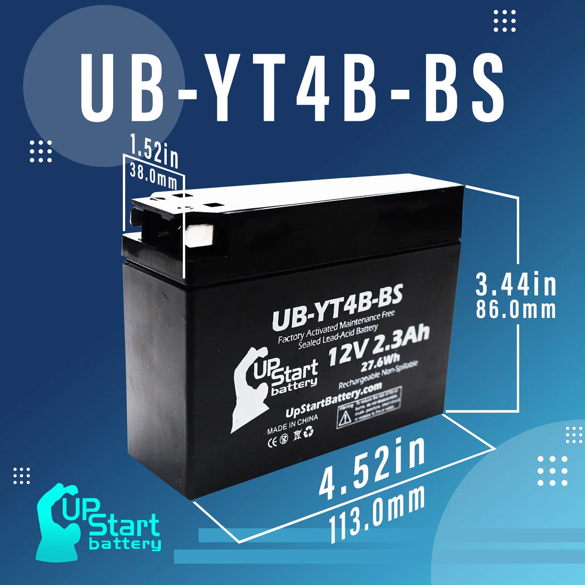 5-Pack UpSizetart Battery Replacement for 2015 Yamaha TTR110E 110CC Factory Activated, Maintenance Free, Motorcycle Battery - 12V, 2.3Ah, UB-YT4B-BSize