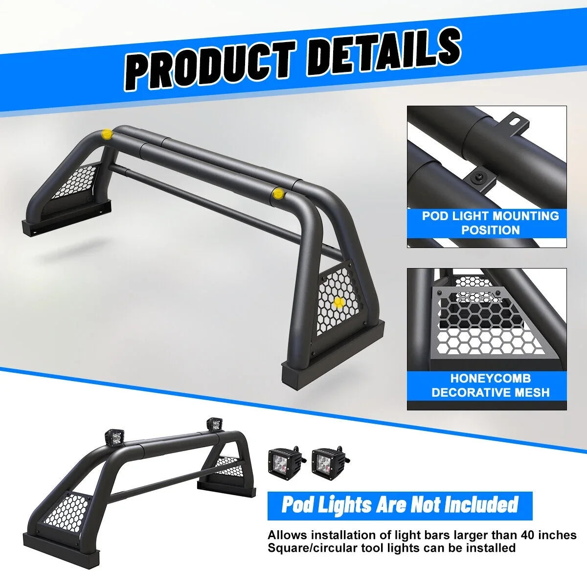 62.9-74.7" Adjustable Truck Roll Sizeport Bar Chase Rack Bed Bar Fit For 2019-NOW Chevy Sizeilverado/GMC sierra