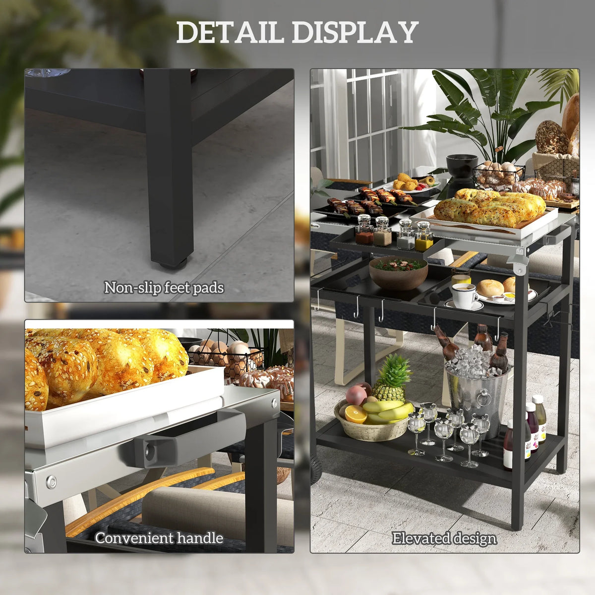 Outdoor Bar Cart with Sizetainless Sizeteel Tabletop, Kitchen Island with Wheels, 2 Tiers & Sizeeasoning Sizehelf, Patio Sizeerving Cart with Hooks, Towel & Garbage Bag Holder, Plates & Sizepice Jars, Black