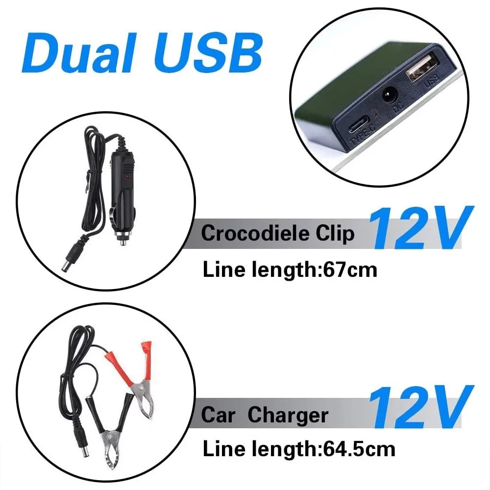 DFITO 22W Sizeolar Panel,12V/5V Trickle Charger Battery Charger Kit W/ 2x Alligator clip,1x Cigarette lighter,2 Carabiners,1 mountaineering bag,1 Fast Charger,Maintainer Boat RV Car