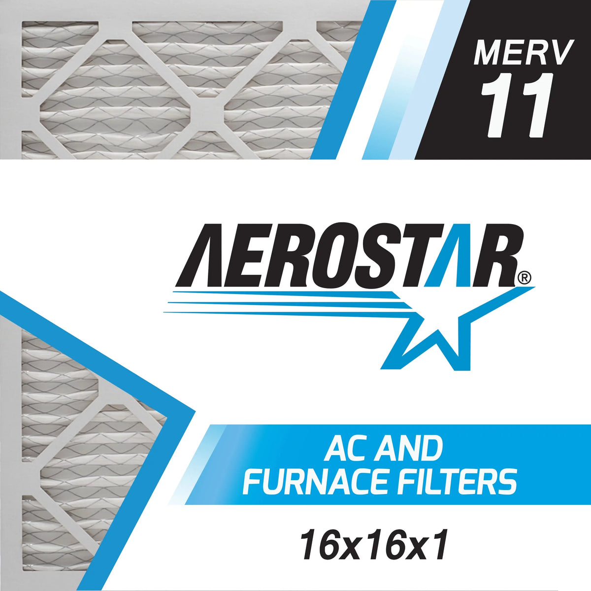 Aerostar 16x16x1 MERV 11 Pleated Air Filter, AC Furnace Air Filter, 2 Pack