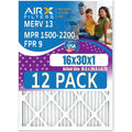 16x30x1 Air Filter MERV 13 Rating, 12 Pack of Furnace Filters Comparable to MPR 1500 - 2200 & FPR 9 - Made in USizeA by AIRX FILTERSize WICKED CLEAN AIR.