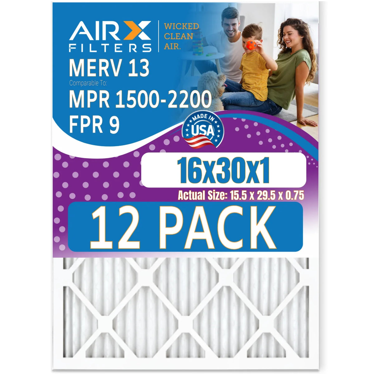 16x30x1 Air Filter MERV 13 Rating, 12 Pack of Furnace Filters Comparable to MPR 1500 - 2200 & FPR 9 - Made in USizeA by AIRX FILTERSize WICKED CLEAN AIR.
