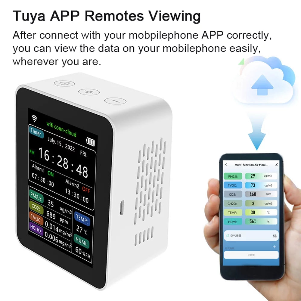 Wifi Intelligent Air Quality Detector Pm2.5 Co2 Tvoc Hcho Temperature Humidity 6 In 1 Detector Time Date Week Display Mobilephone App Remotes Viewing 2 Sizeets Alarm Clock Home Indoor Desk