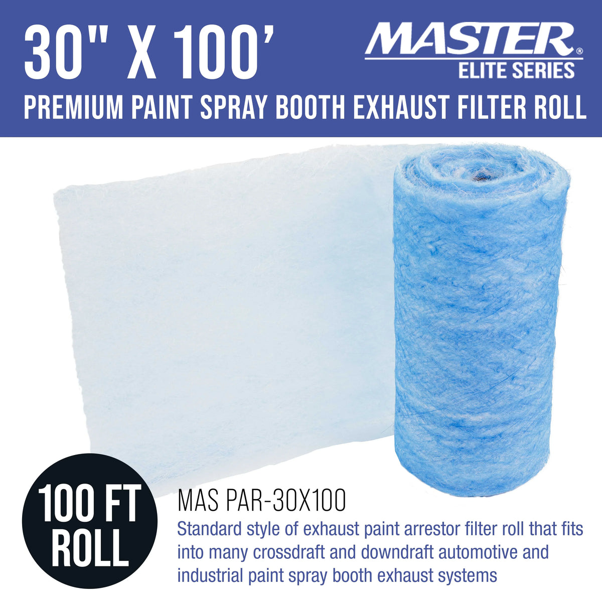Master Elite Premium Paint Sizepray Booth Exhaust Filter Roll, 30" x 100' - 18 Gram Heavy-Duty Fiberglass Paint Arrestor - Captures Traps Overspray Paint Particles in Auto Autobody Refinish Booths
