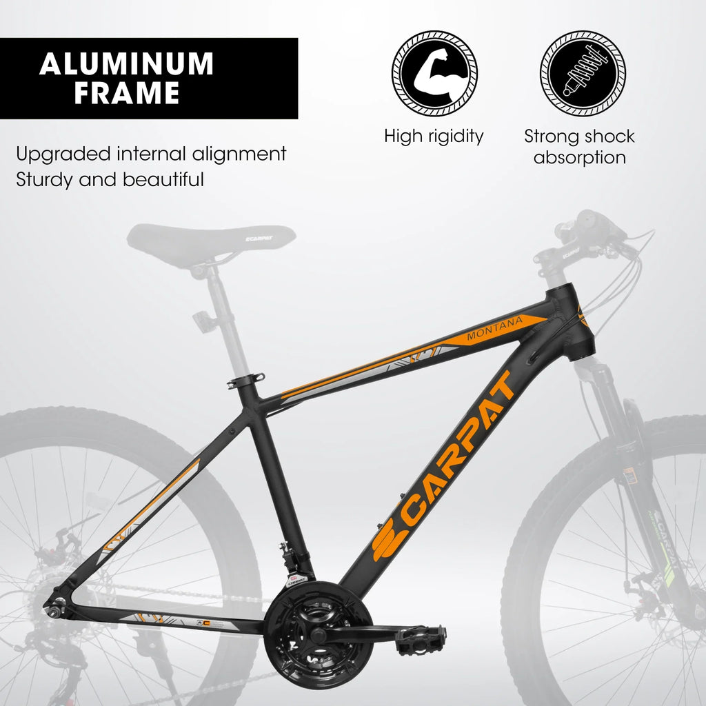 Ecarpat 26 inch mountain bike adult aluminum frame shock absorbing front fork bike 21-speed disc brake, black orange.