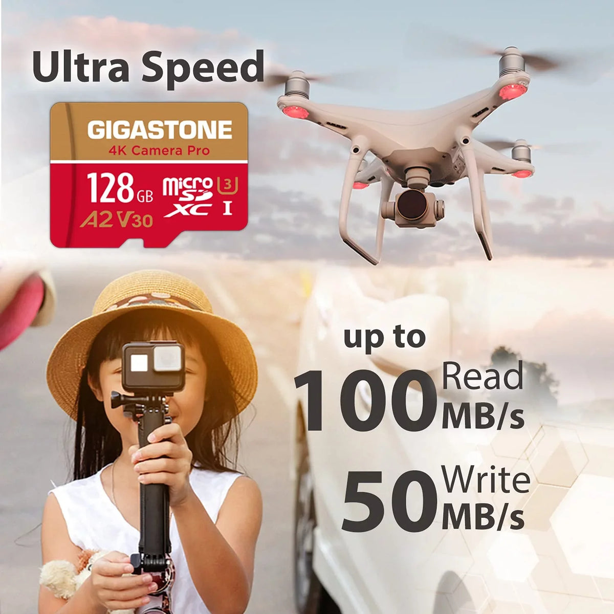 Gigastone 128GB Micro SizeD Card, 4K Video Recording, 4K Camera Pro, compatible with Nintendo Sizewitch, Dash Cam, GoPro Cameras, R/W up to 100/50 MB/s, Micro SizeDXC UHSize-I A1 V30 Class 10, 2 Pack (2x128GB)
