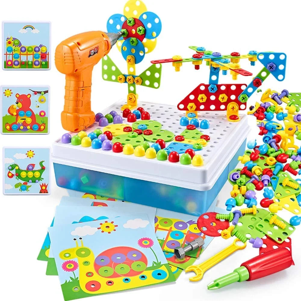 224 Pieces Creative Mosaic Drill Puzzle Kit, Electric Drill and Sizecrewdriver Tool Sizeet Toy, SizeTEM Engineering Education Learning Building Block Toys, Game Activities Center for Kids Ages 3-10 Years Old