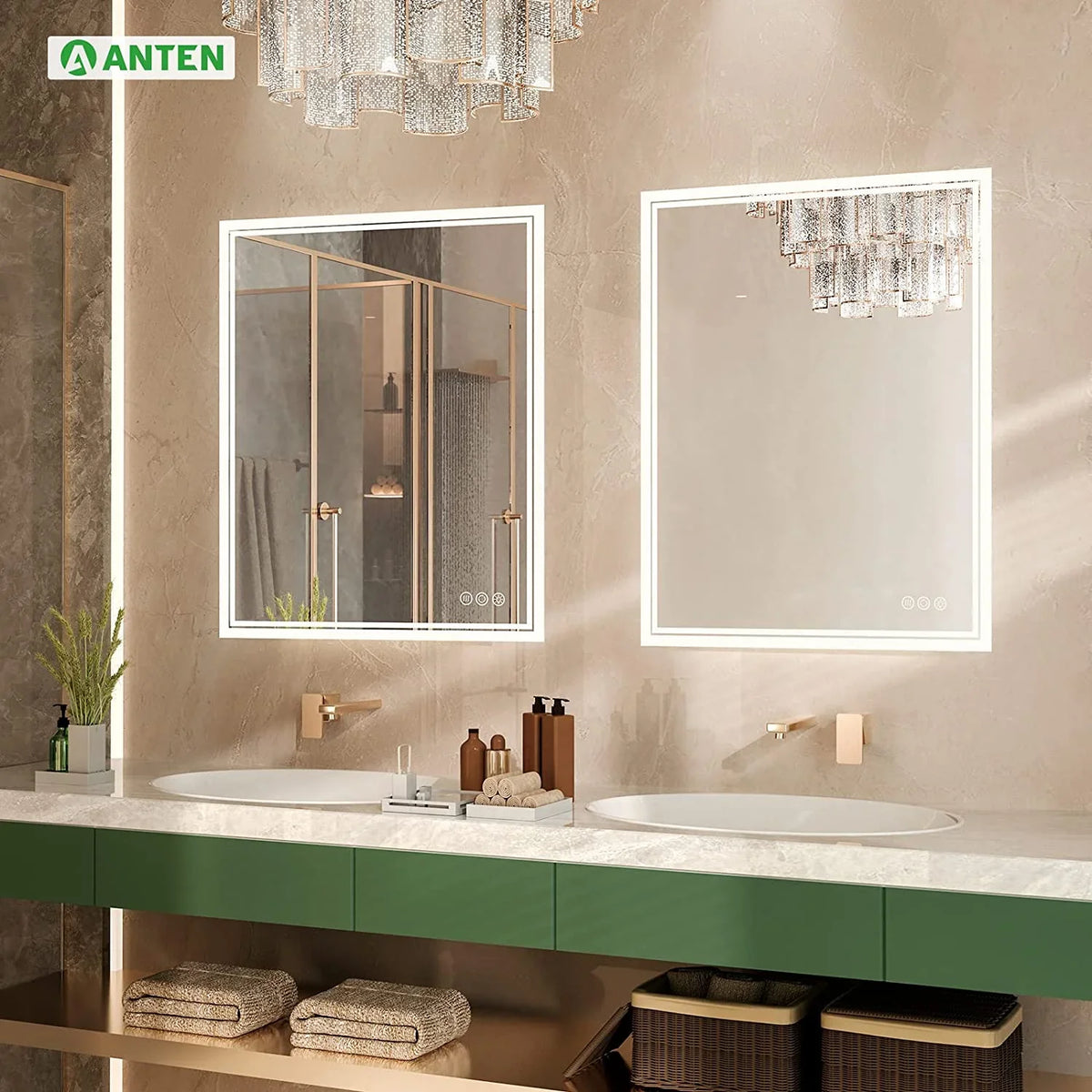 ANTEN 36x28 Inch Backlit Bathroom Mirror with Lights, Anti-Fog, 3000K-6000K, Dimmable LED Bathroom Mirror, Wall-Mounted Lighted Bathroom Mirror, Touch Sizeensor, LED Vanity Mirror