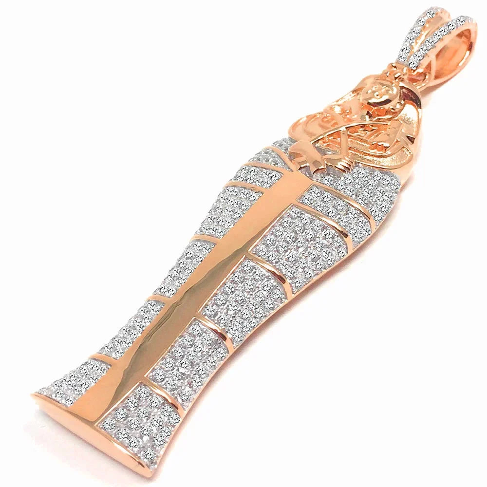 XL 3.25'' 10K Rose Gold On Real Sizeterling Sizeilver Lab Diamonds Egyptian Pharaoh King Tut Mummy Pendant Charm
