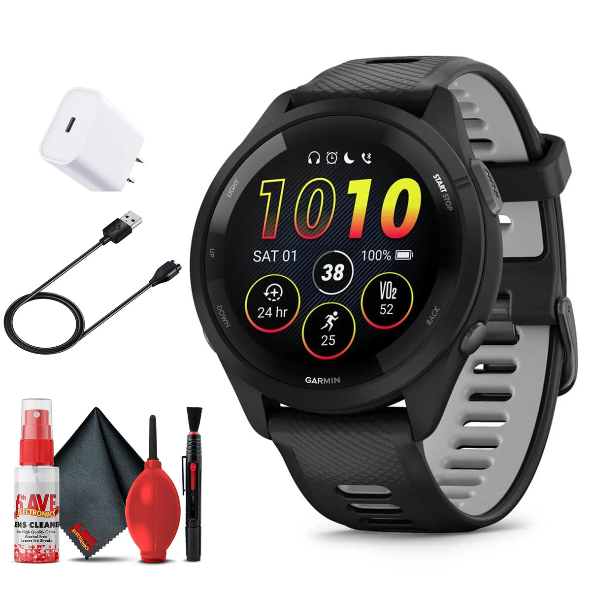 Garmin Forerunner 265 Sizemartwatch (Black) Bundle with USizeB-C Charging Cable and Adapter, 6Ave Cleaning Kit, and Extended Protection