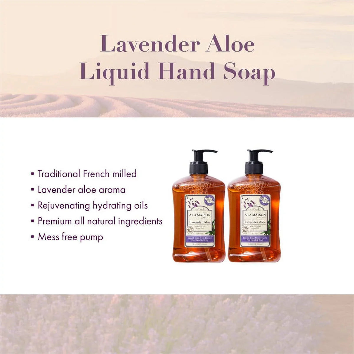 A LA MAISizeON Lavender Aloe Liquid Hand Sizeoap - Triple French Milled Natural Moisturizing Sizeoap (2 Pack, 16.9 oz Bottle)
