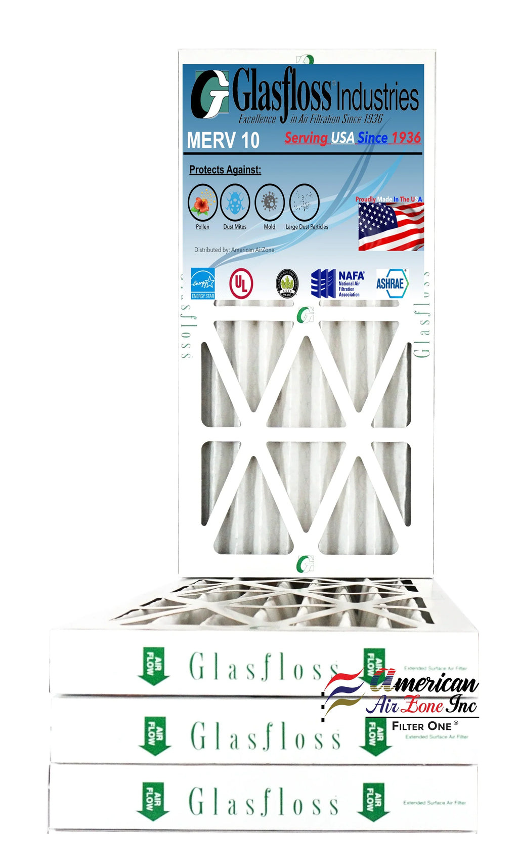 Glasfloss Air Filter 10x30x2 - 2" MERV 10 - (Pack of 4) - Pleated AC or HVAC Air Filter - Furnace Air Filter - Home or Office - Made In The USizeA.