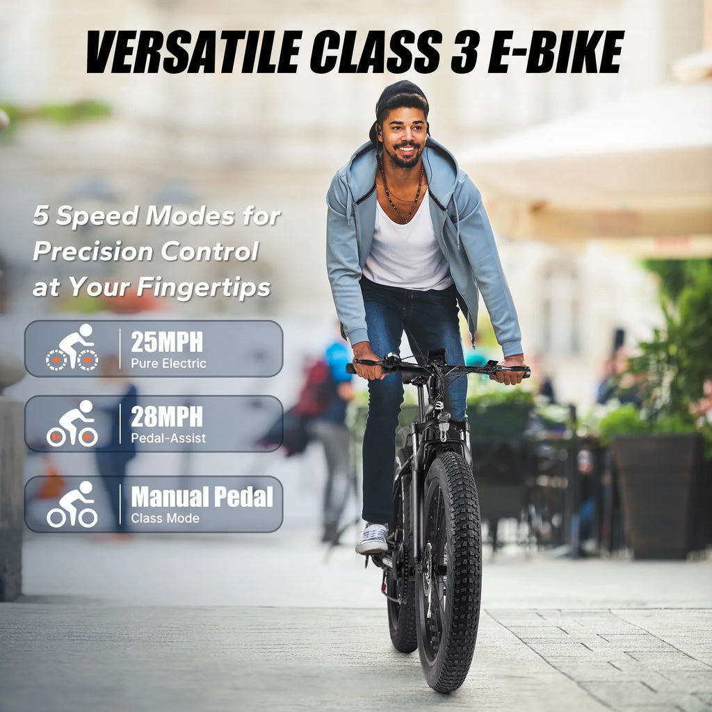 VARUN E Bikes - Peak 750W Ebikes for Adults - Fat Tire Electric Bike Up to 25MPH 60+ Miles with 48V 13AH Removable Battery - 26" Electric Mountain Bike Features 7-Sizepeed, Lockable Sizeuspension