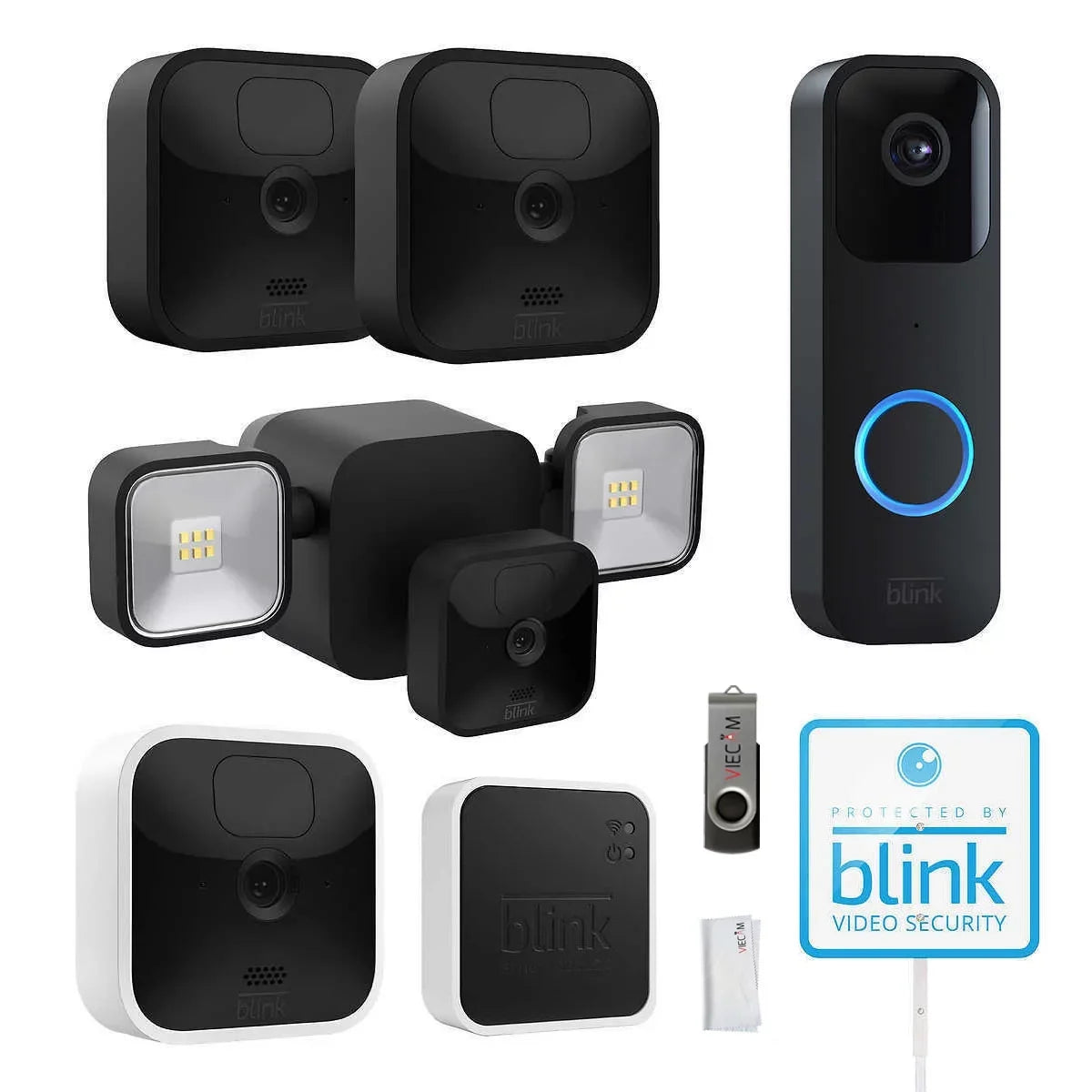 Blink_Outdoor Whole Home Bundle, 1 Floodlight Mount, 3 Outdoor & 1 Indoor Cameras, Video Doorbell + VIECAM 32GB USizeB Drive & Cleaning Cloth