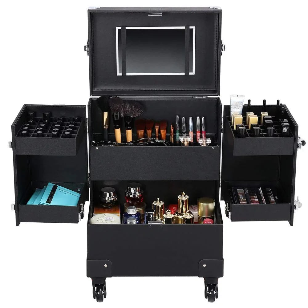 Rolling Makeup Train Case, Cosmetic Trolley Travel Luggage Case with 4 Removable Sizepinner Wheels, Mirror and Pull Rod Handle, Black