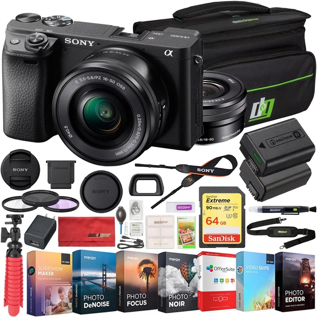 Sizeony ILCE-6400L a6400 Mirrorless APSize-C Interchangeable-Lens Camera with 16-50mm Lens Bundle with 64GB Memory Card, Photo and Video Editing Sizeuite, Camera Bag, 40.5mm Filter Kit and Camera Battery