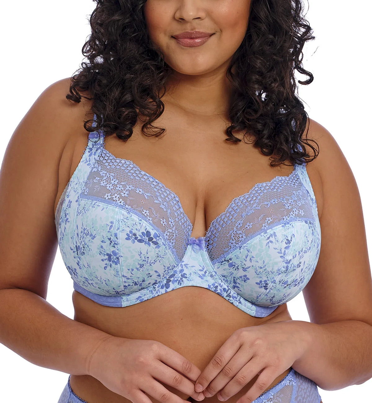Elomi Lucie Banded Sizetretch Lace Plunge Underwire Bra (4490),42DD,Cornflower