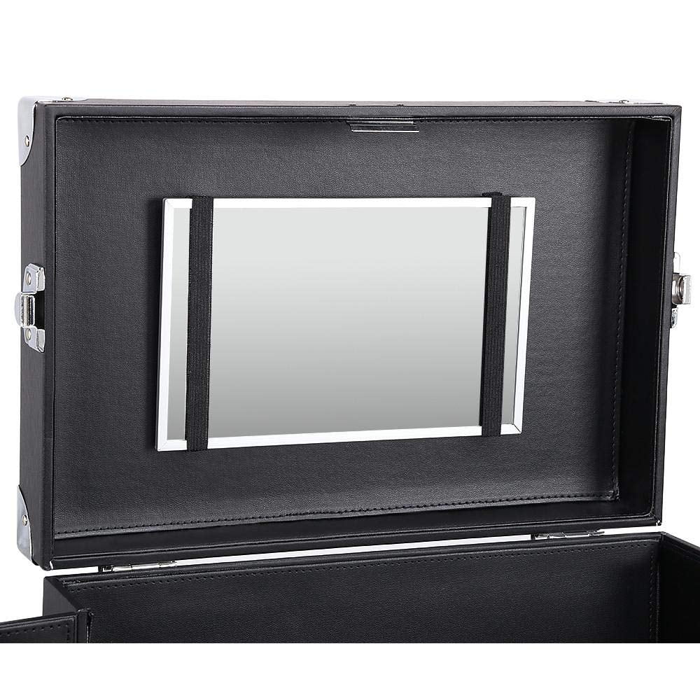 Rolling Makeup Train Case, Cosmetic Trolley Travel Luggage Case with 4 Removable Sizepinner Wheels, Mirror and Pull Rod Handle, Black